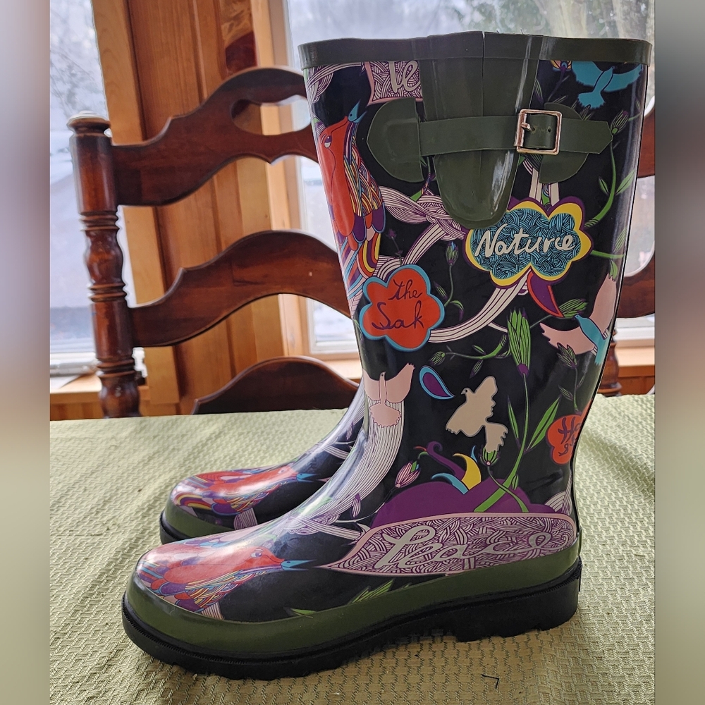 Sakroots Nature Rain Boots Black Tonal Peace Print Womens Size 10 Birds NIB New